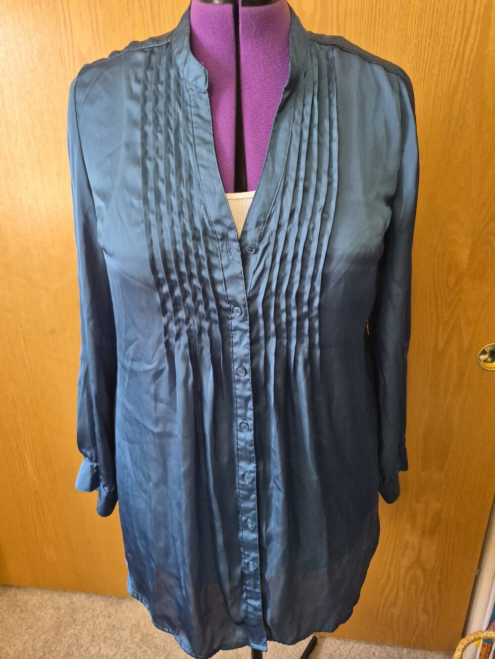Women’s Teal Pintuck Button-Down Blouse